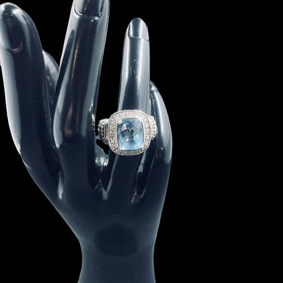 925 Silver Blue Topaz Diamond Ring Cushion Cut Gold Accents Cocktail Jewelry - Picture 1 of 11